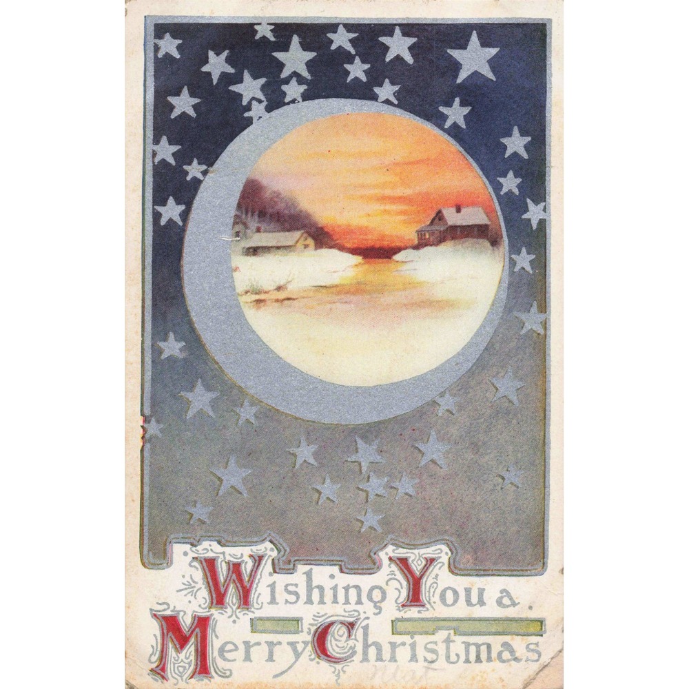 Vintage Christmas Postcard Crescent Moon Stars Snowy Winter Landscape VG - Picture 1 of 2